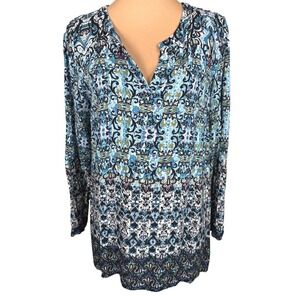 J. Jill Petite Medium Blue Paisley Long Sleeve Split Neck Blouse Lightweight Top